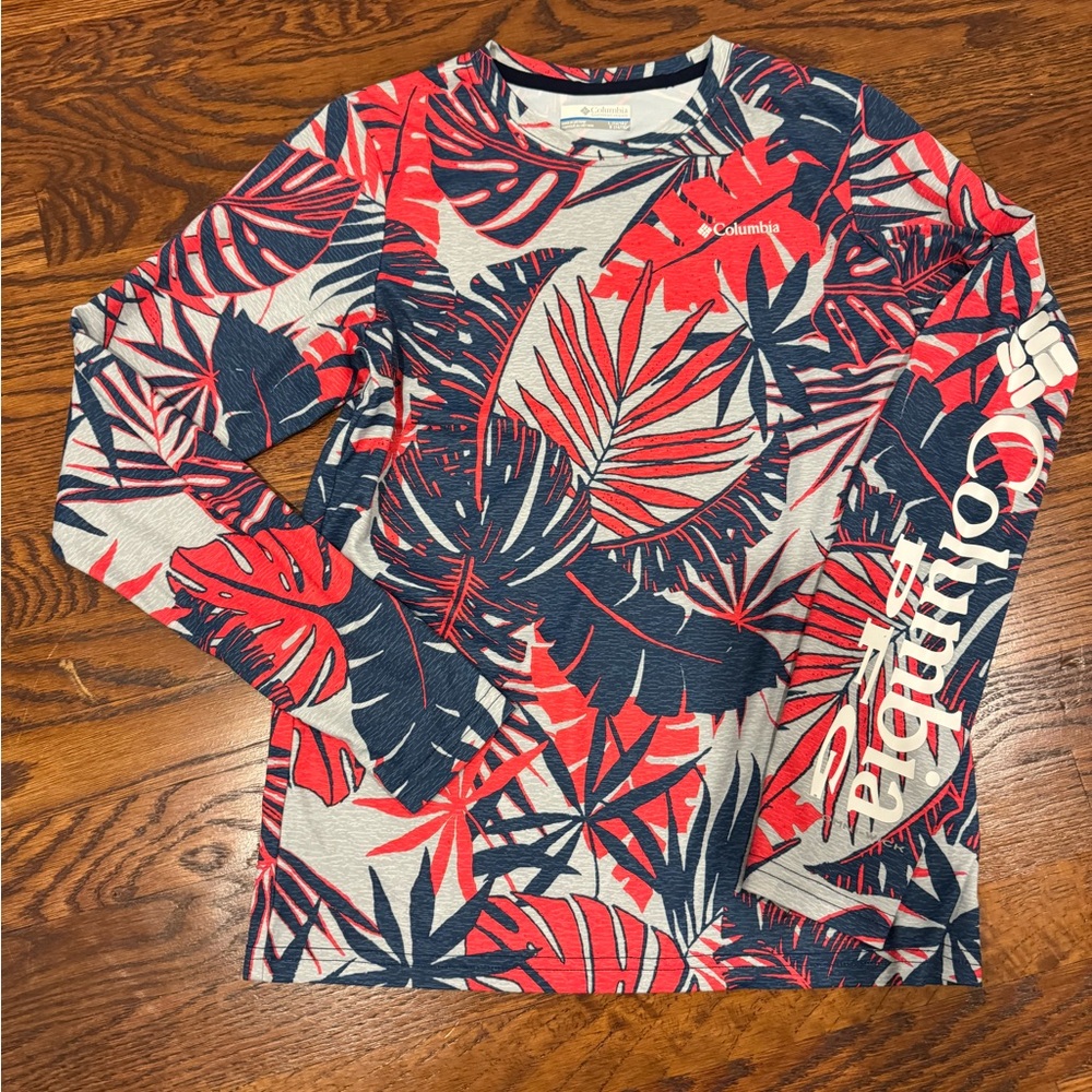 Columbia PFG Red & Navy Tropical Leaf Long Sleeve Shirt